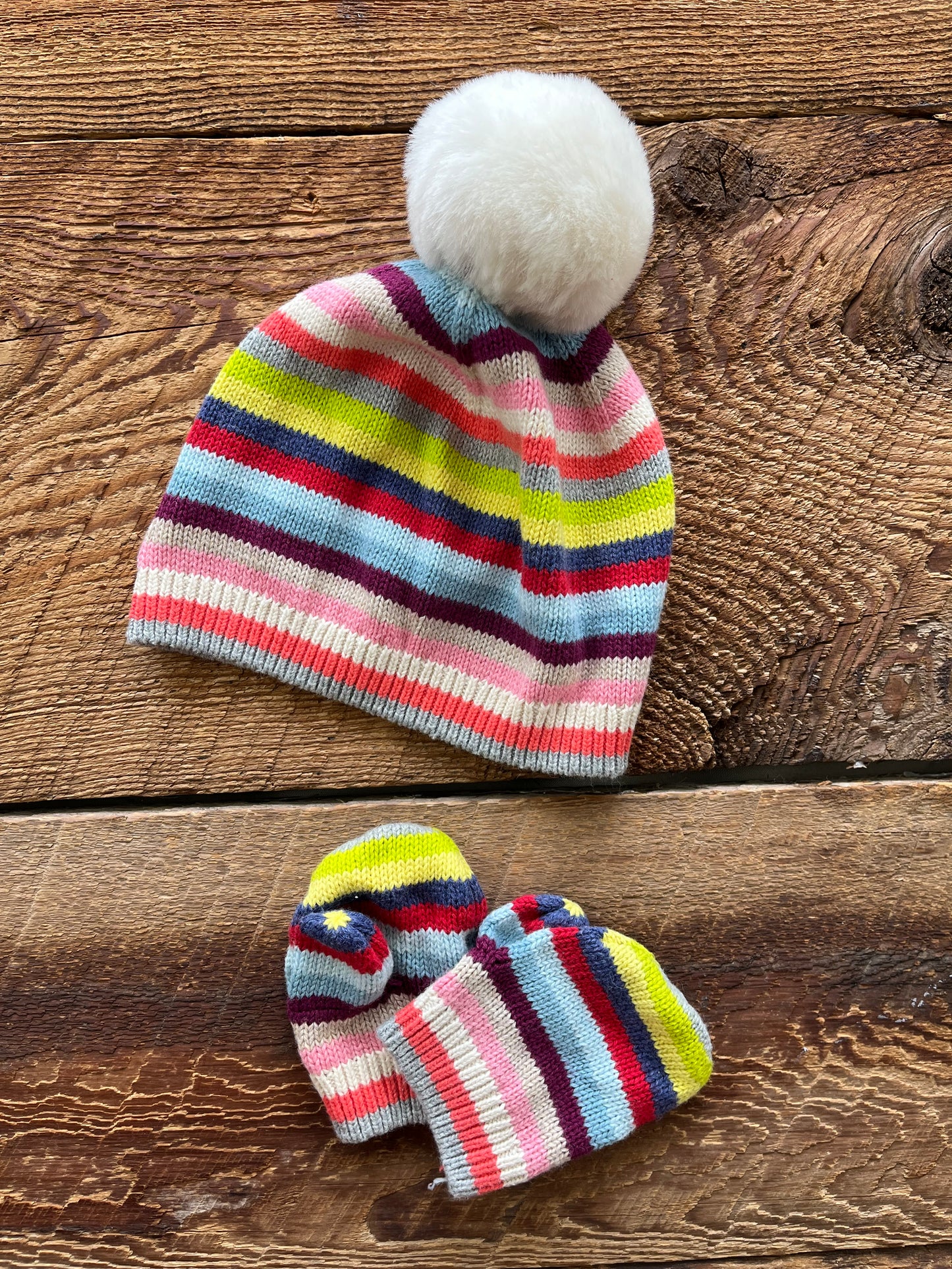 Gap 6-12M Knit Rainbow Pom Hat & Mitten Set