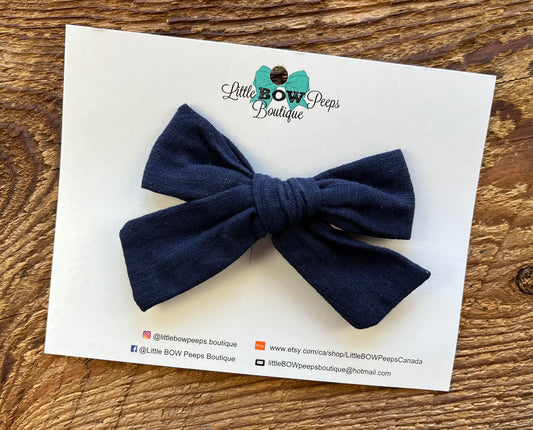 Navy Linen Bow Hair Clip